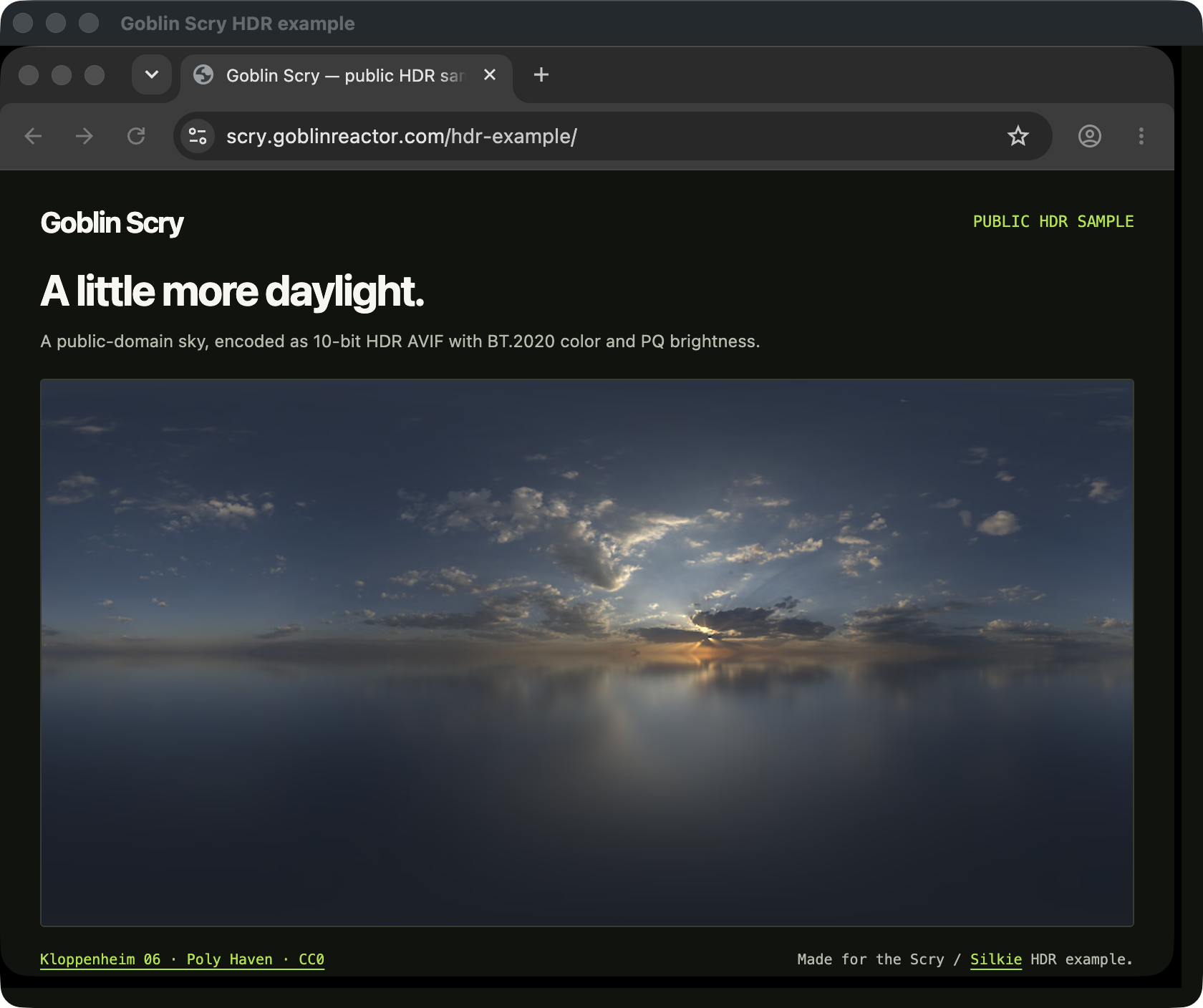 A Silkie terminal showing Chrome through Scry, including the browser’s tab and address bar, with a public HDR sunrise photograph.